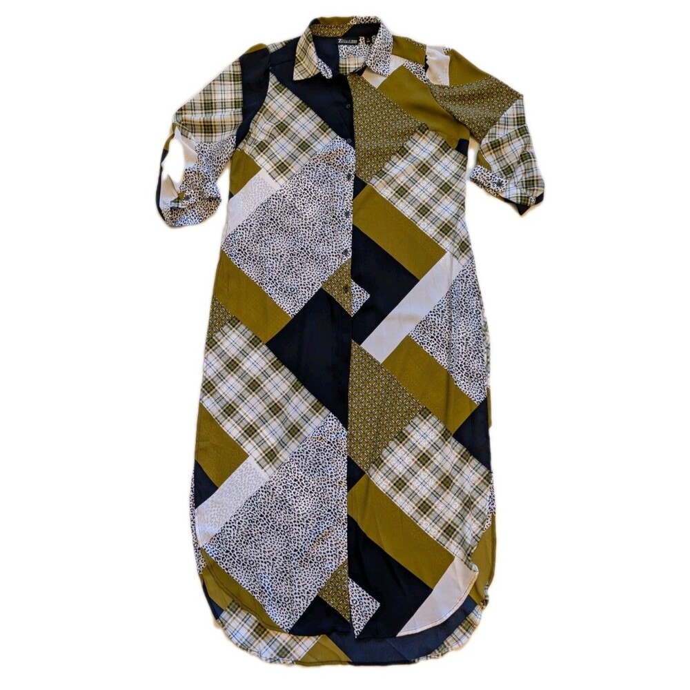 7th Ave Design Studio Plaid Patchwork Satin Shirt Dress Sz M Chic Kitchie Career
